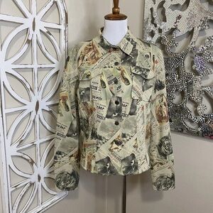 SIMON CHANG no size NEWSPAPER ANIMAL PRINT CORSET BACK JEAN JACKET